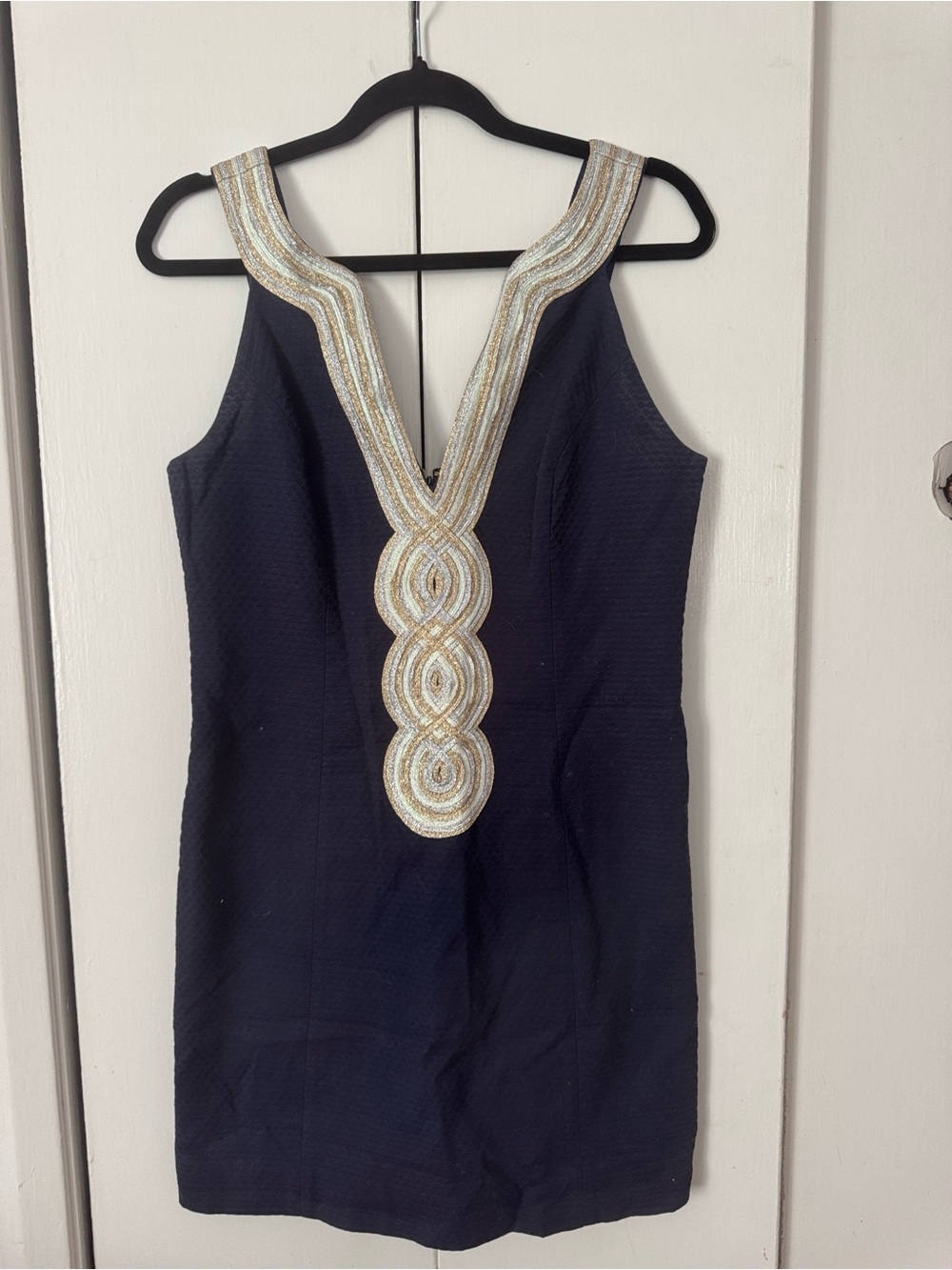Lily Pulitzer Navy Dress with Gold Embellished Plunge Neckline